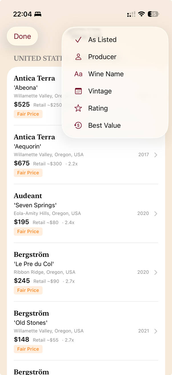 Sort by value, producer, and more